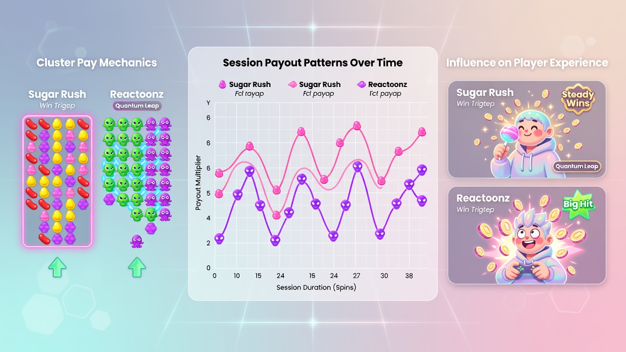 Comparison chart of payout frequency and cluster sizes in Reactoonz versus standard configurations in related slots