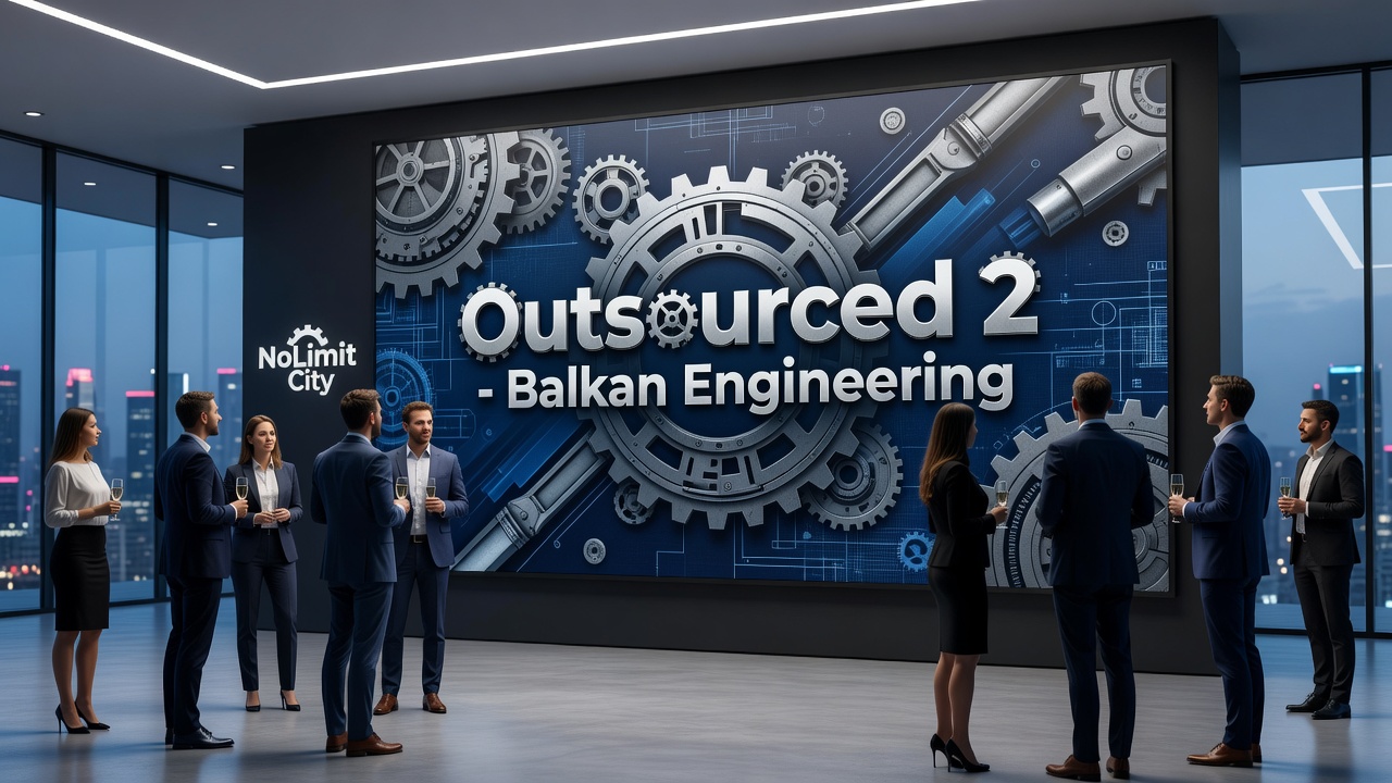 Close-up of Outsourced 2 slot features including Print Spins and xNudge Balkan Wild symbols in action
